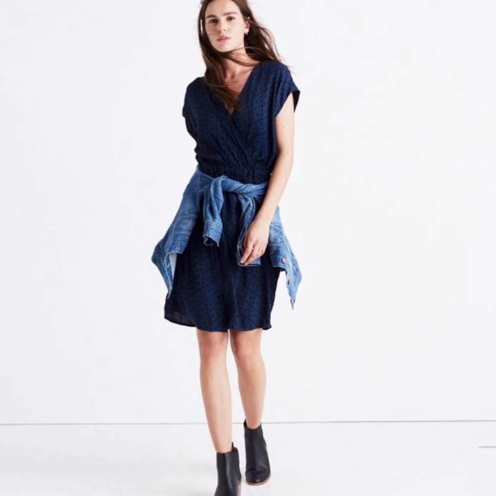 Madewell Navy Blue Wrap-Front Draped Mini Dress in Brushstroke Diamond Size XS